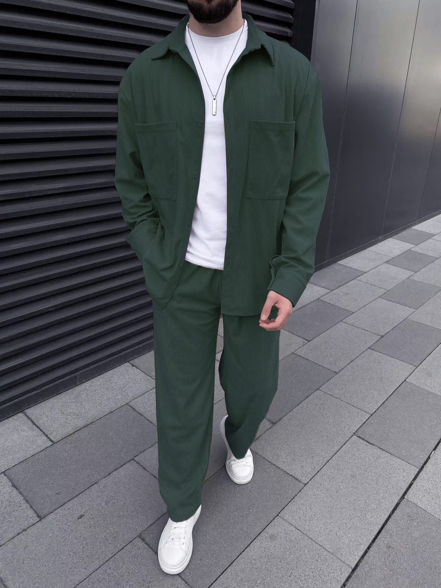 Men'S Fashion Undershirt - Men's corduroy two-piece outfit: long-sleeved button-down