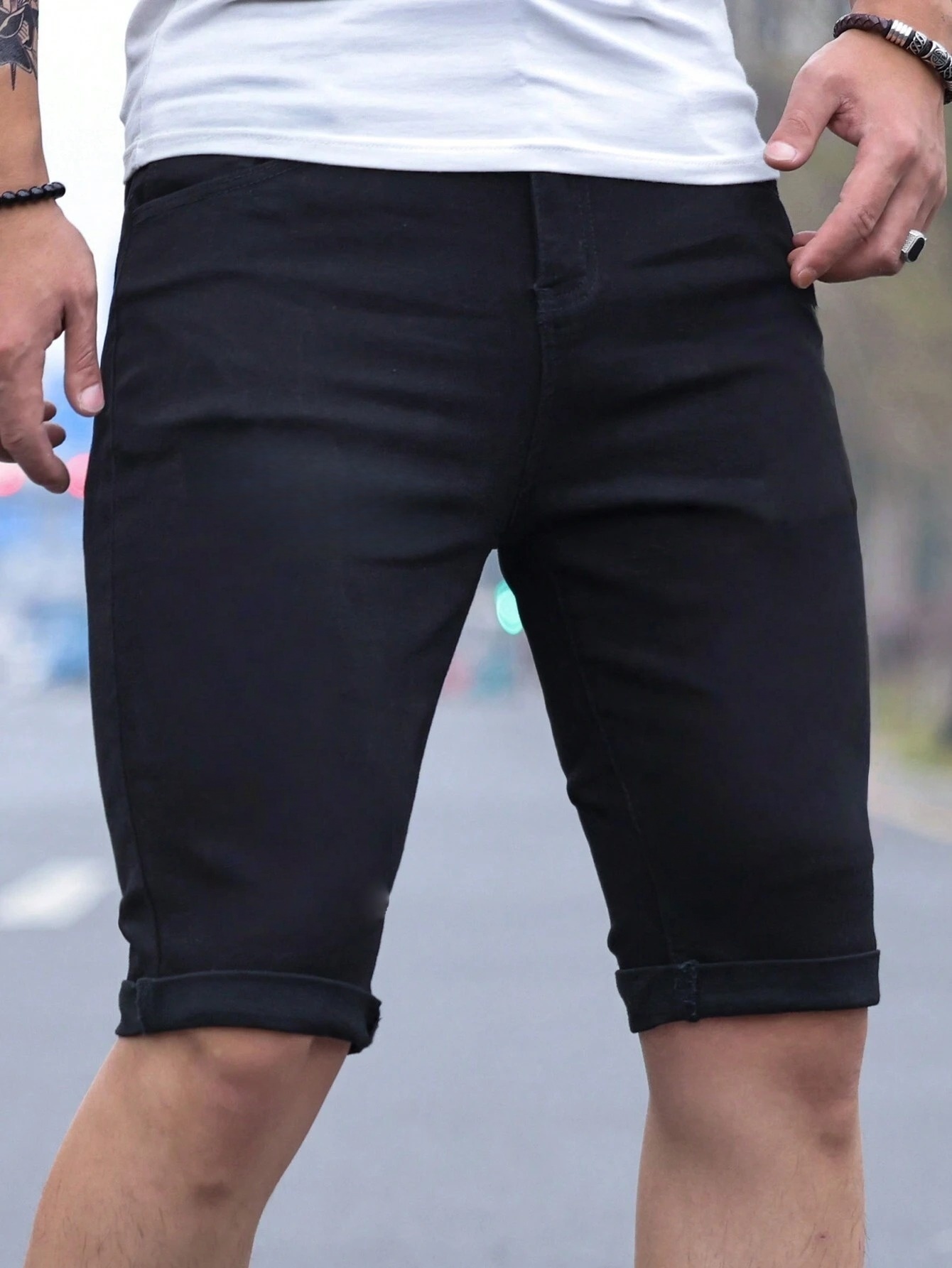 Men's jorts Slim Fit Black Str – Belt Mens Fashion recenzja i cena