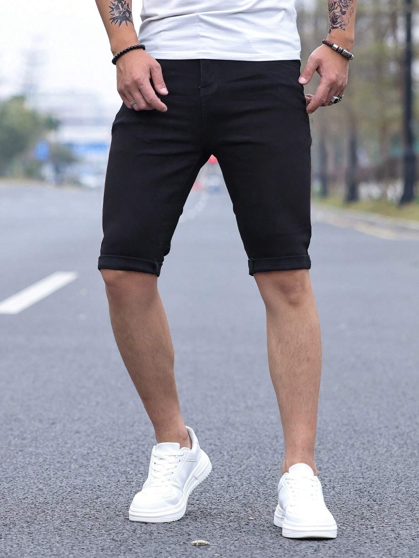 Men's jorts Slim Fit Black Str – Belt Mens Fashion recenzja i cena