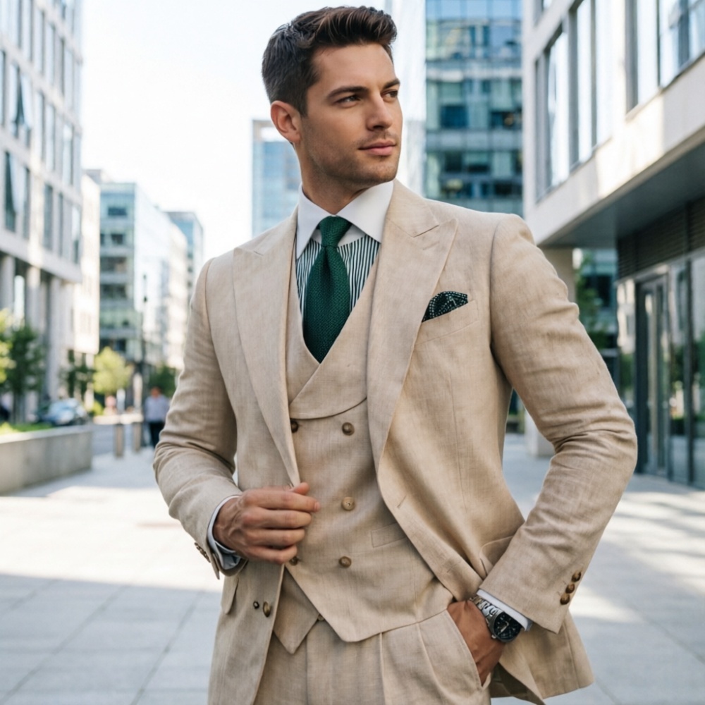 Beige Men Suits 3 Pieces Linen – Men'S Fashion Outfits 2026 recenzja i cena