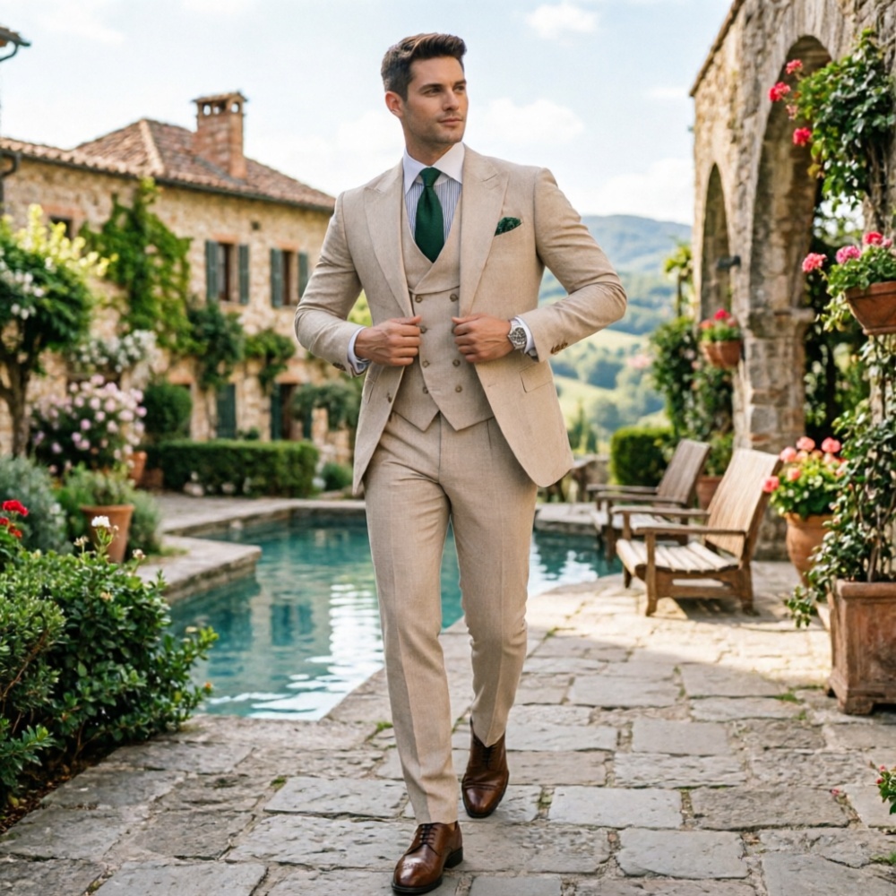 Beige Men Suits 3 Pieces Linen – Men'S Fashion Outfits 2026 recenzja i cena