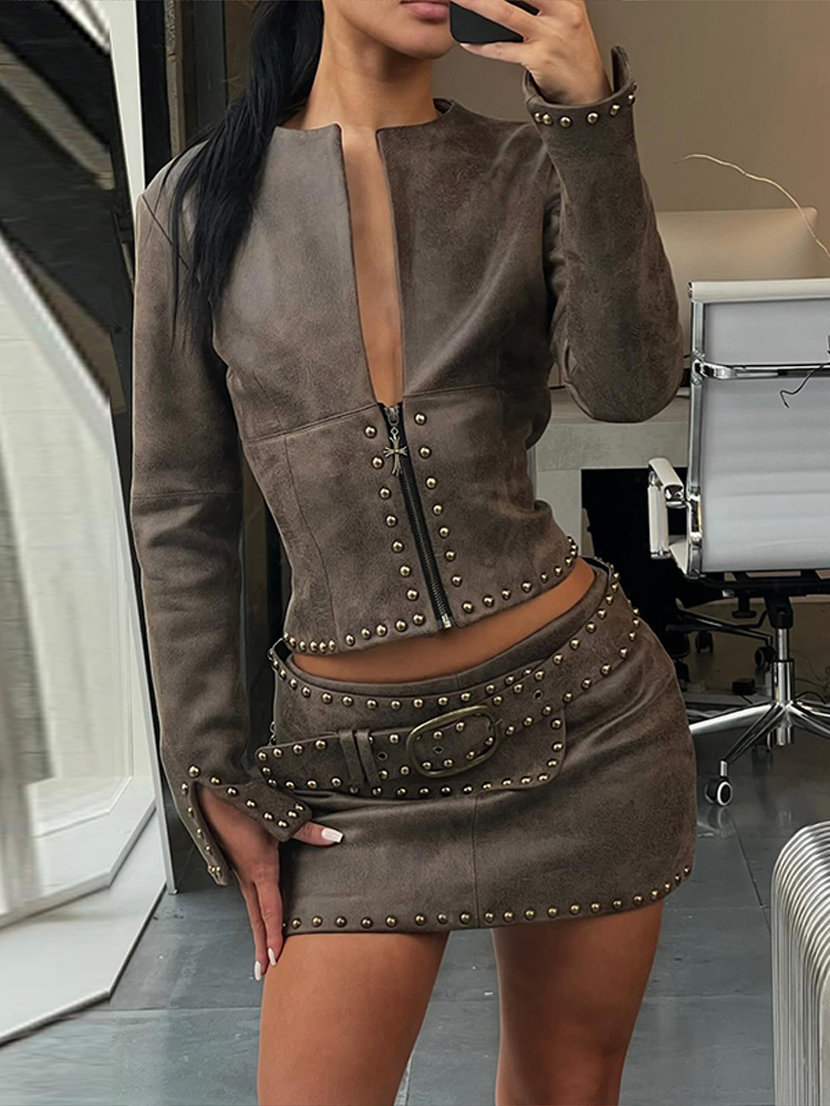 Y2k Leather Skirt Set Women Ri – Belt Mens Fashion recenzja i cena